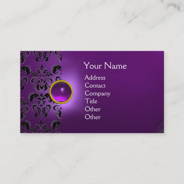 CHIC DAMASK GEM  MONOGRAM purple Business Card (Front)