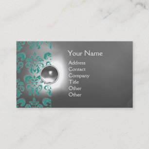 CHIC DAMASK GEM  MONOGRAM white blue Business Card