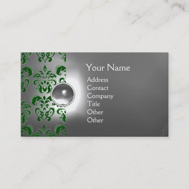 CHIC DAMASK GEM  MONOGRAM white green Business Card (Front)