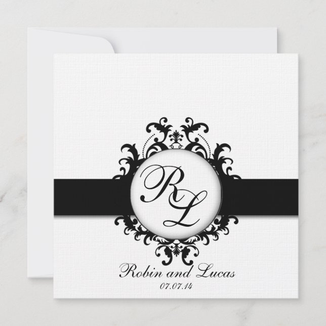 Chic Damask Monograms Wedding Invites Black White (Front)