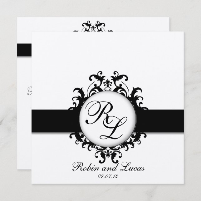 Chic Damask Monograms Wedding Silver Black White Invitation (Front/Back)