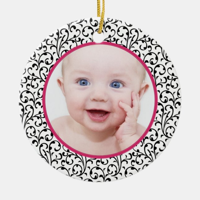 Chic Damask Pink Baby's First Christmas Ceramic Tree Decoration (Front)