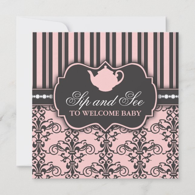 Chic Damask Pink Sip and See Baby Tea Invitation (Front)