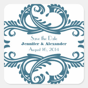 Chic Damask Save the Date Stickers, Blue Square Sticker