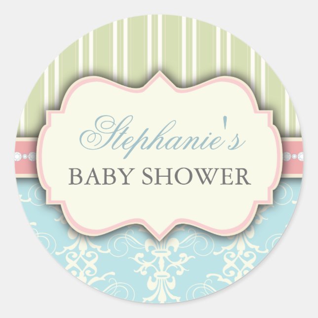 Chic Damask & Stripe Baby Shower Favour Sticker (Front)