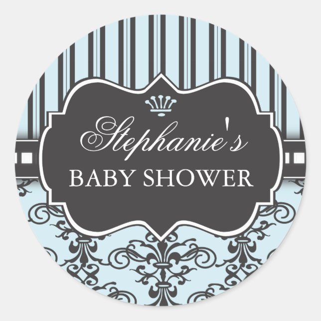 Chic Damask & Stripe Baby Shower Favour Sticker (Front)