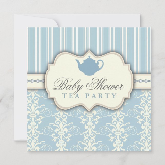Chic Damask & Stripe Baby Shower Tea Invitation (Front)
