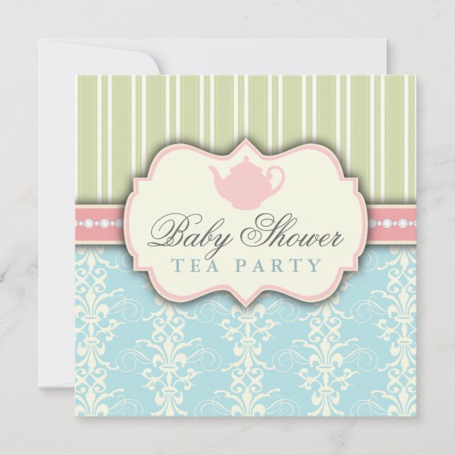 Chic Damask & Stripe Baby Shower Tea Invitation (Front)
