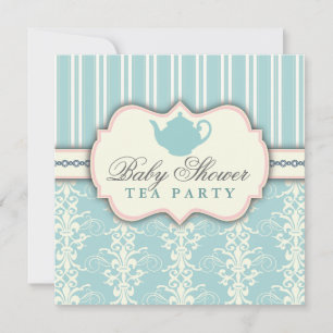 Chic Damask & Stripe Baby Shower Tea Invitation