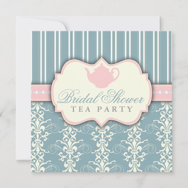 Chic Damask & Stripe Bridal Shower Tea Invitation (Front)