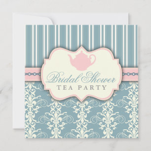 Chic Damask & Stripe Bridal Shower Tea Invitation