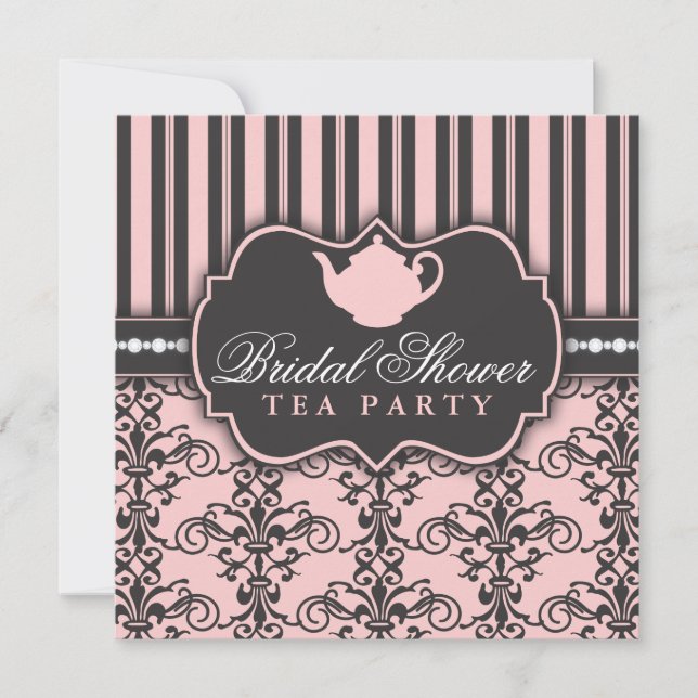 Chic Damask & Stripe Bridal Shower Tea Invitation (Front)