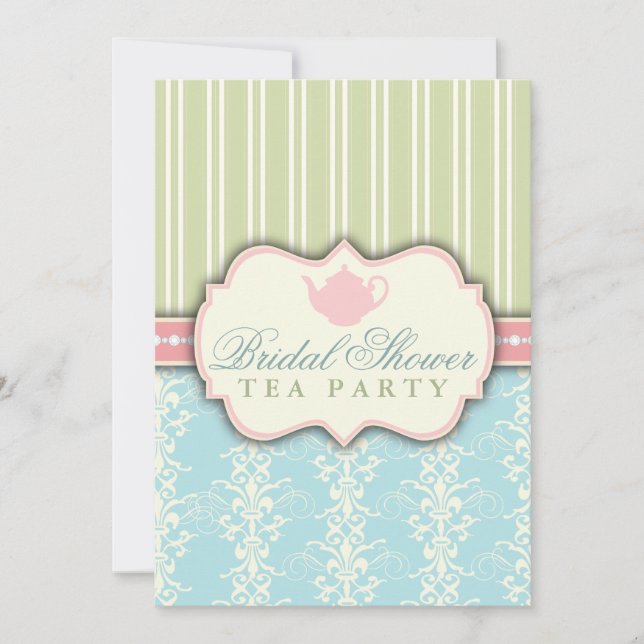 Chic Damask & Stripe Bridal Shower Tea Invitation (Front)