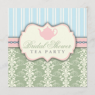 Chic Damask & Stripe Bridal Shower Tea Invitation