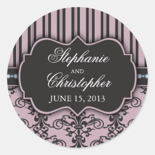 Chic Damask & Stripe Wedding Favour Sticker