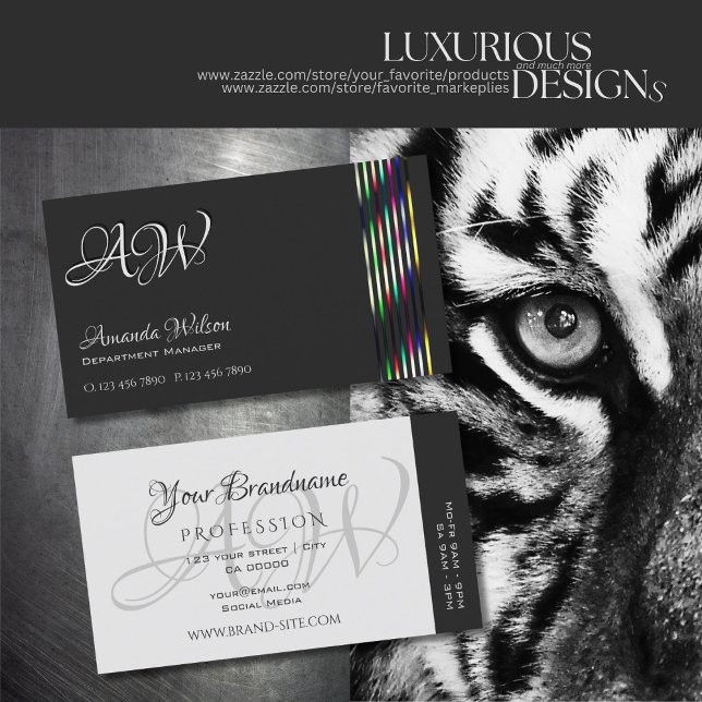 Chic Dark and Light Grey Colourful Stripes Initial Business Card (Creator Uploaded)