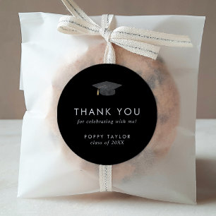 Chic Dark Black Cap Thank You Graduation Favour Classic Round Sticker