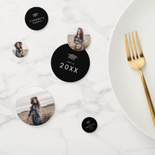Chic Dark Black Congrats Grad Cap Graduation Photo Confetti