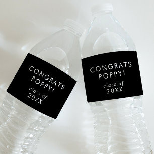 Chic Dark Black Congrats Grad Name Graduation Water Bottle Label