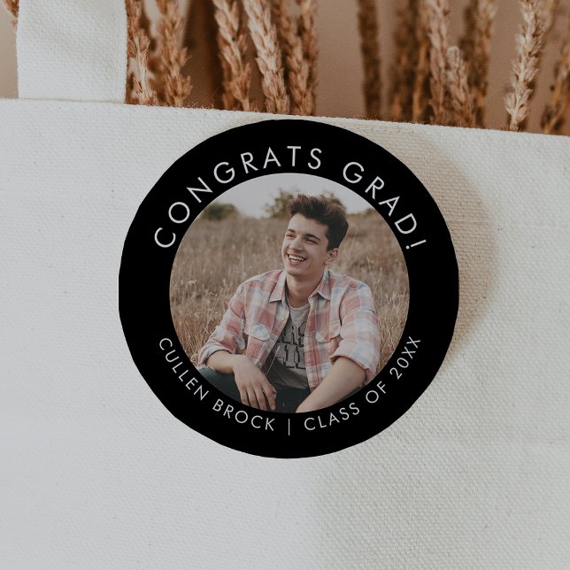 Chic Dark Black Congrats Grad Photo Graduation 6 Cm Round Badge (Creator Uploaded)