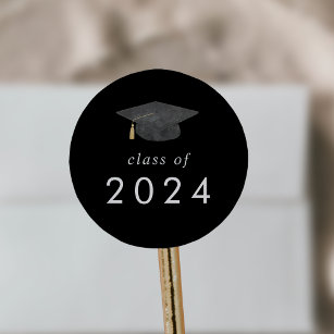 Chic Dark Black Grad Cap Class of 2024 Graduation Classic Round Sticker
