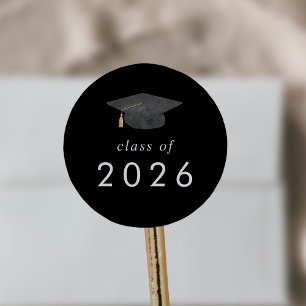 Chic Dark Black Grad Cap Class of 2025 Graduation Classic Round Sticker
