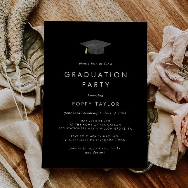 Chic Dark Black Grad Cap Graduation Party Invitation (Creator Uploaded)