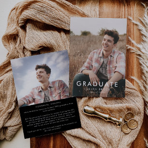 Chic Dark Black Message and Photo Graduation Announcement
