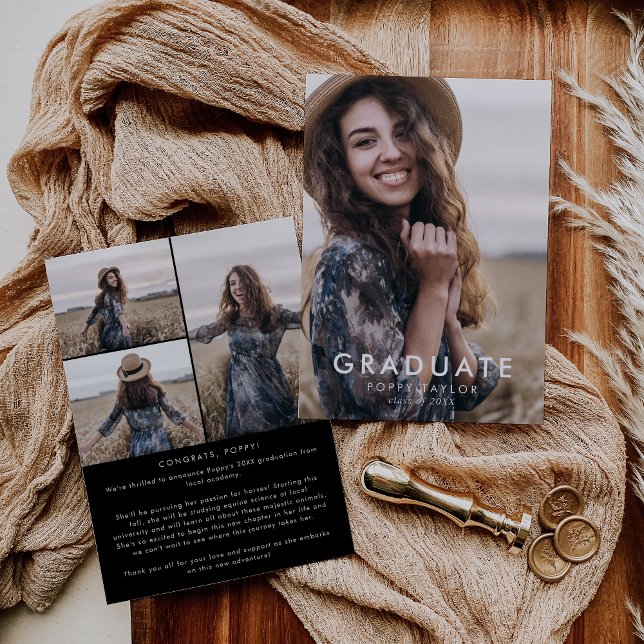 Chic Dark Black Message Photo Collage Graduation Announcement (Creator Uploaded)