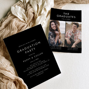 Chic Dark Black Photo Double Graduation Party Invitation