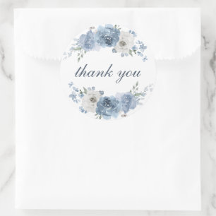 Chic Dark Blue Ivory Floral Wedding Thank You Classic Round Sticker