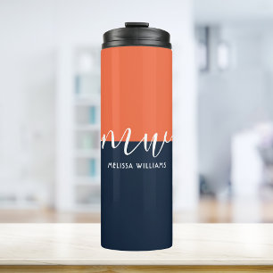 Chic Dark Blue & Orange Minimalist Script Monogram Thermal Tumbler