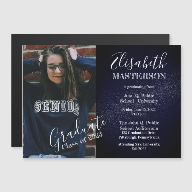 Chic Dark Blue Photo Graduation Announcement (Front/Back)
