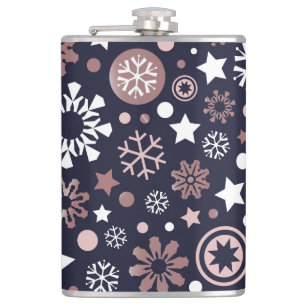 Chic dark blue, pink gold metallic snowflakes hip flask
