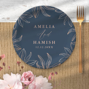 Chic Dark Blue & Rose Gold Foliage Wedding Paper Plate