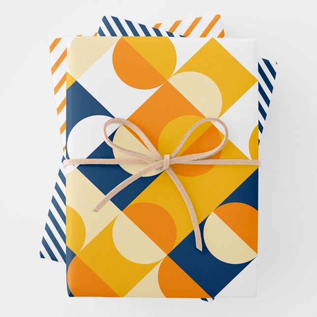 Chic Dark Blue Sunny Yellow Circles Art Pattern Wrapping Paper Sheet (In situ)