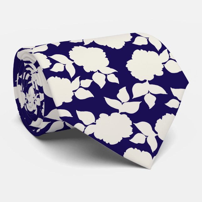 Chic dark blue &white floral pattern tie (Rolled)