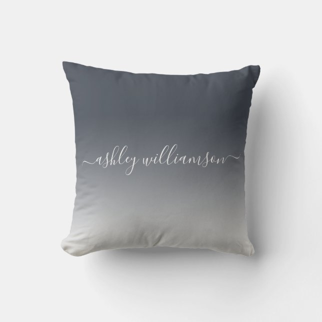 Chic Dark Blue White Ombre Effect Monogram Name Cushion (Front)