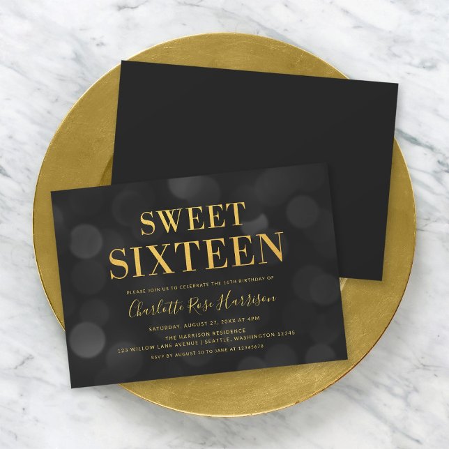 Chic Dark Bokeh Lights Gold Sweet Sixteen Birthday Invitation (Creator Uploaded)