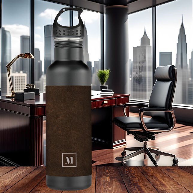 Chic Dark Brown Faux Leather Water Bottle (Water bottle featuring a chic dark brown faux leather design with a rectangular shape and monogram)