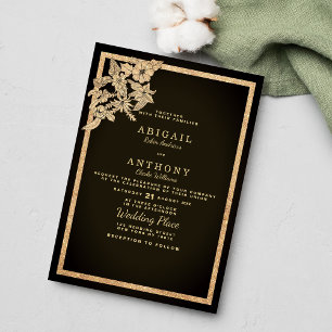 Chic dark brown gold glitter floral Wedding Invitation