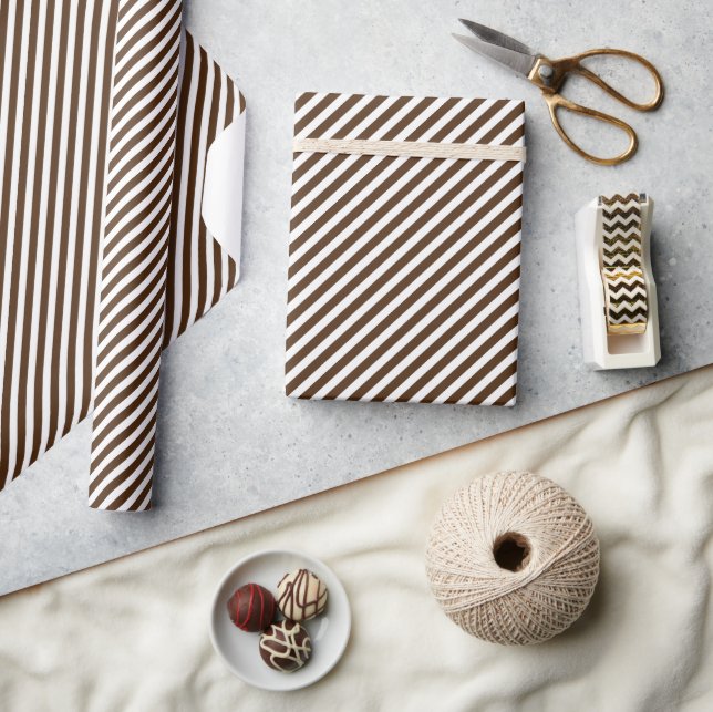 Chic Dark Coffee Brown White Stripes Pattern Wrapping Paper (Crafts)