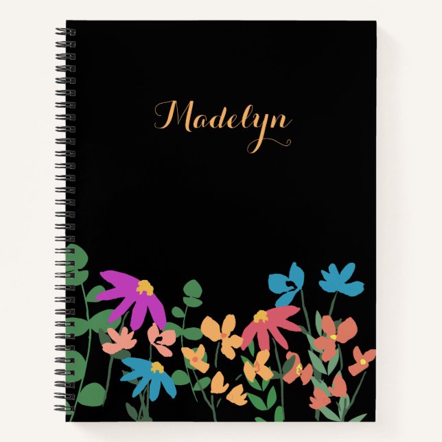 Chic Dark Colourful floral pattern personalised Notebook (Front)