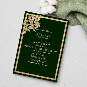 Chic dark forest green gold glitter floral Wedding Invitation