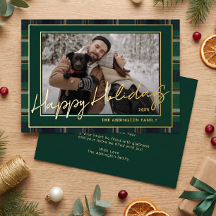 Chic Dark Green Blue Plaid Gold Foil Family Photo