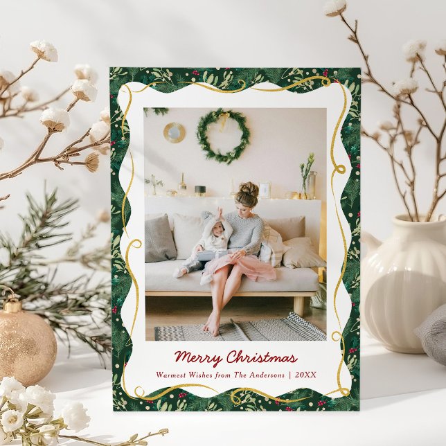 Chic Dark Green Botanical Christmas 1 Photo Holiday Card (Creator Uploaded)