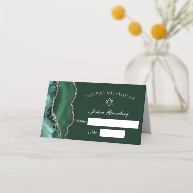 Chic Dark Green Gold Bar Mitzvah Place Card (Front)