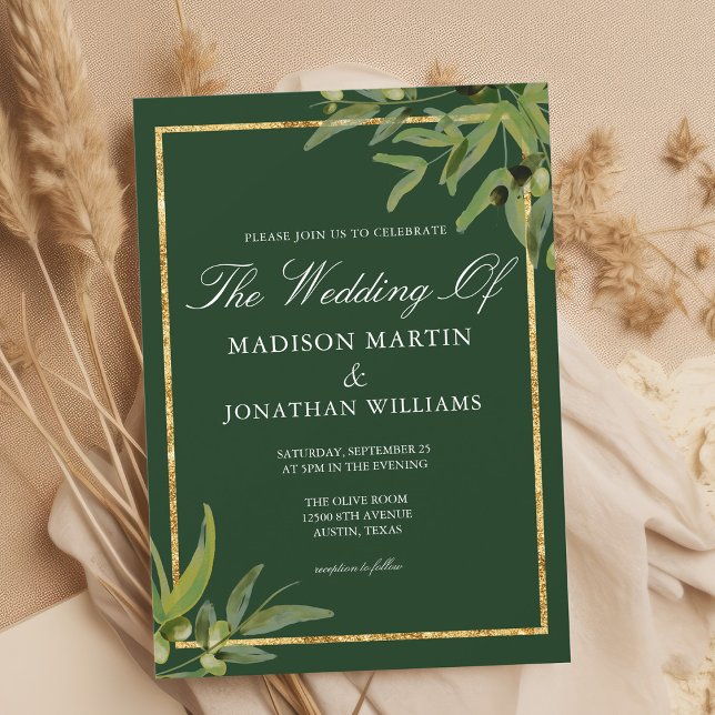 Chic Dark Green Gold Botanical Vine Autumn Wedding Invitation (Creator Uploaded)
