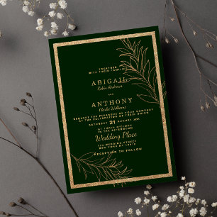 Chic dark green gold glitter leaf floral Wedding Invitation