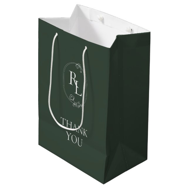 Chic Dark Green | Monogram Wedding Thank You Medium Gift Bag (Front Angled)